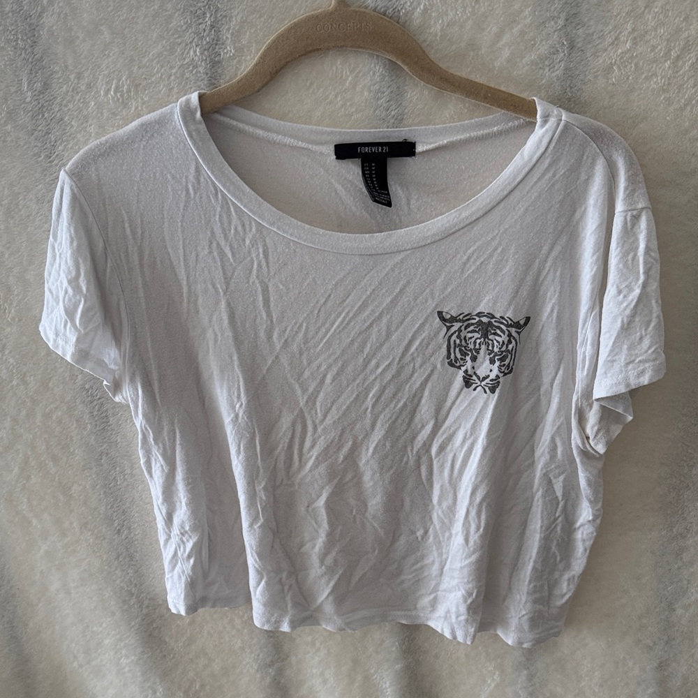 Forever 21 White Crop Top with Tiger Graphic